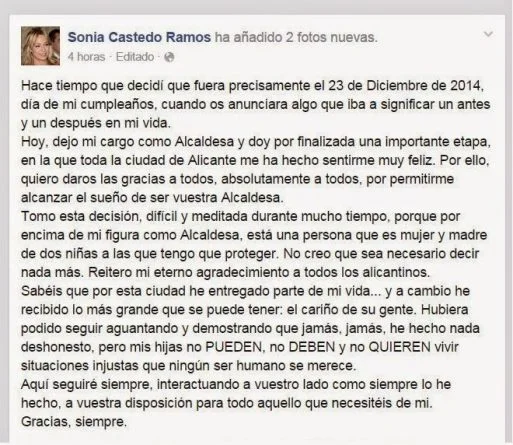 texto de la dimisión de Sonia Castedo en Facebook texto de la dimisión de Sonia Castedo en Facebook