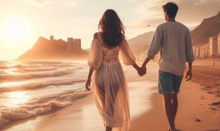 Dos jóvenes enamorados pasean de la mano por una playa de Alicante
