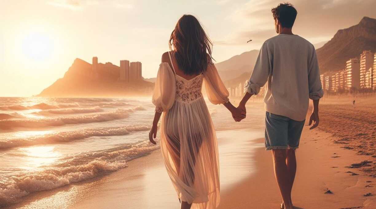 Dos jóvenes enamorados pasean de la mano por una playa de Alicante