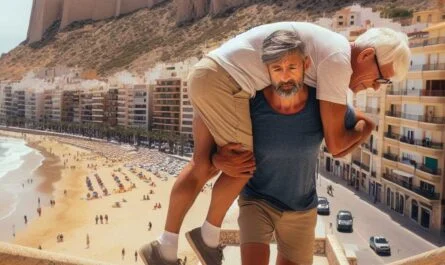 Un hombre sube a cuestas a un anciano por las escaleras del Raval Roig en Alicante