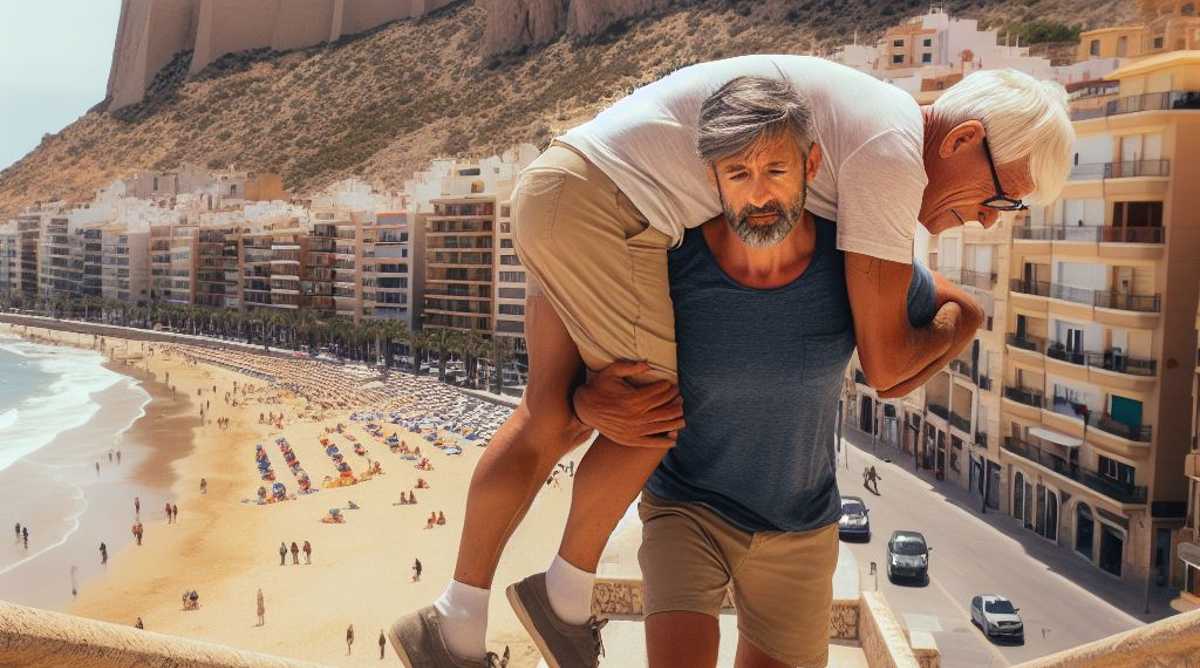 Un hombre sube a cuestas a un anciano por las escaleras del Raval Roig en Alicante