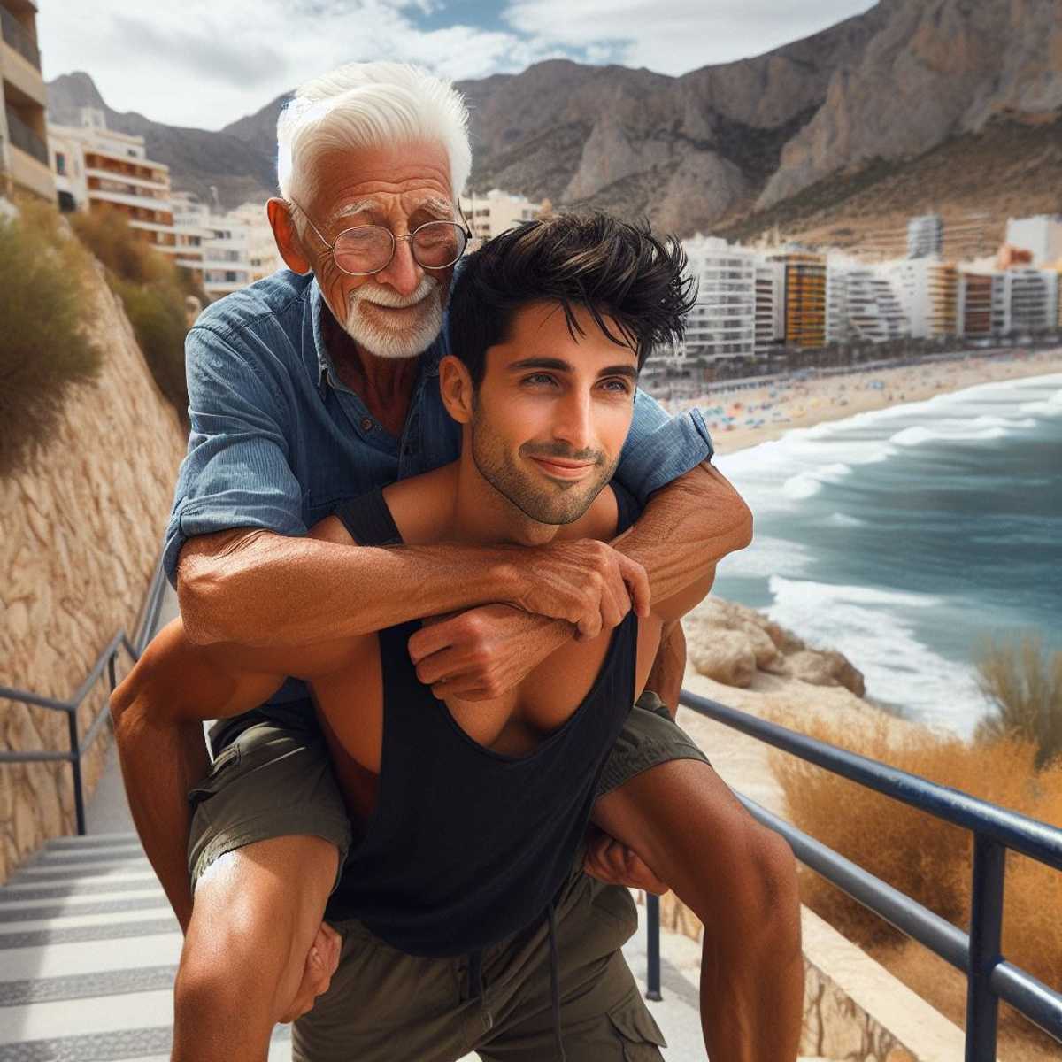 Un joven lleva a sus espaldas a un anciano para ayudarle a subir las escaleras del Raval Roig en Alicante