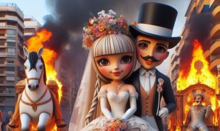 Ilustración creada por inteligencia artificial de una novia alicantina y un novio con las hogueras ardiendo de fondo