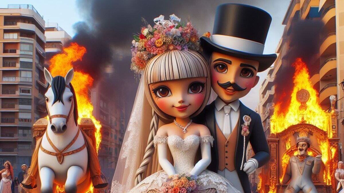 Ilustración creada por inteligencia artificial de una novia alicantina y un novio con las hogueras ardiendo de fondo