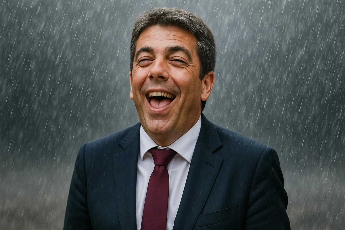Mazón excitado con lluvia de fondo